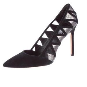 Brian Atwood Black Suede and Metallic Cutout Heel!